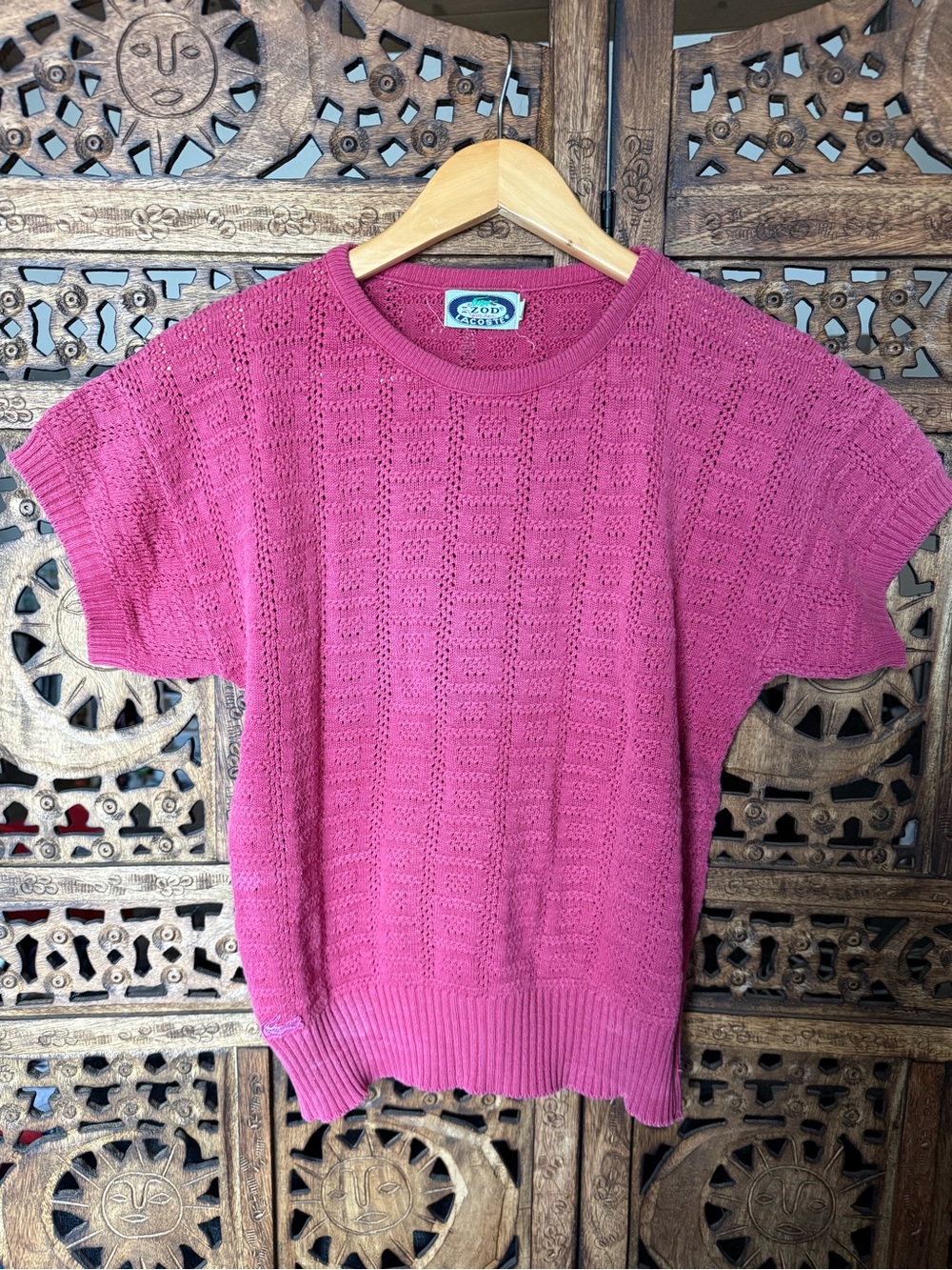 Vintage Izod Lacoste Pink Pointelle Knit Short Sleeve Sweater Top SZ L